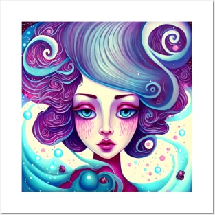 Girl with beautiful blue hair, big hairstyle, waves. Posters and Art